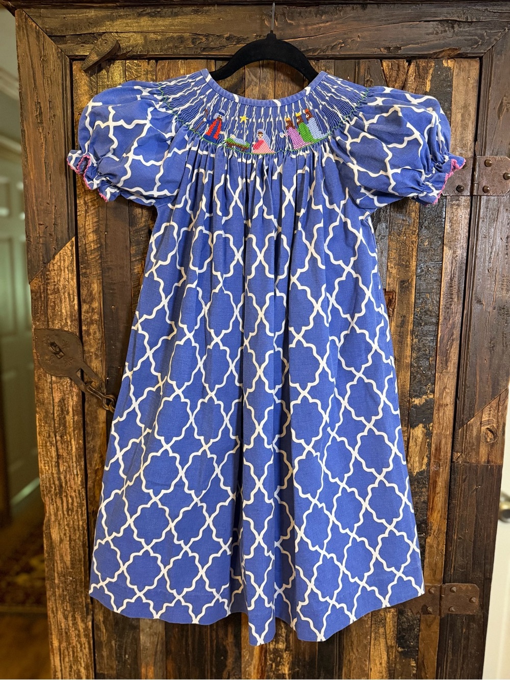 Vive La Fete Girls 5 Smocked Nativity Christmas Bishop Dress Blue White Holiday